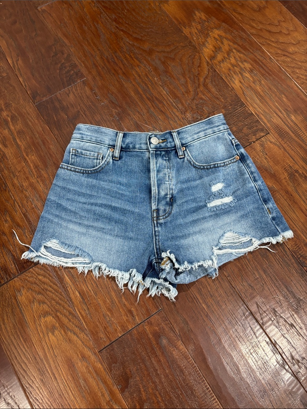PacSun Medium Blue Frayed Hem Ripped Denim Shorts
